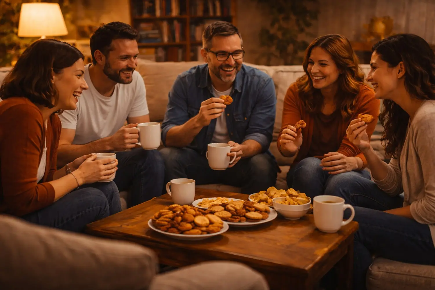 Pessoas rindo em uma reunião nos lares